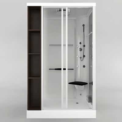 Modern Shower Sauna Interior With Glass Door Dark Storage Shelves And Built in Seat 3d model