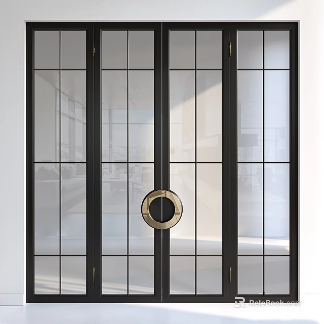 Modern Hinged Door With Black Frame Grid Glass Panels And Round Brass Handle 3d model 