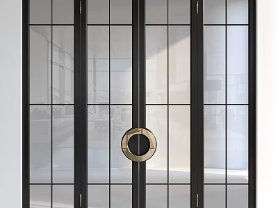 Modern Hinged Door With Black Frame Grid Glass Panels And Round Brass Handle 3d model