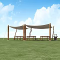 Outdoor Relaxation Space With Green Grass White Canopies Wooden Lounge Chairs And Tables