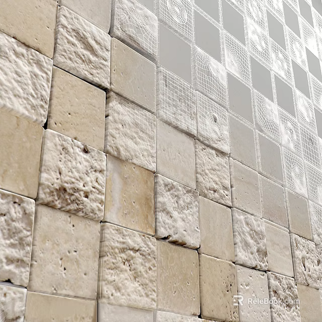 Textured Wall Design With Square Beige Gray Stone Tiles And Mixed Rough Smooth Patterns 3d model