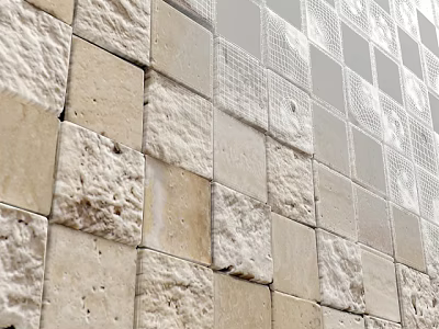 Textured Wall Design With Square Beige Gray Stone Tiles And Mixed Rough Smooth Patterns 3d model