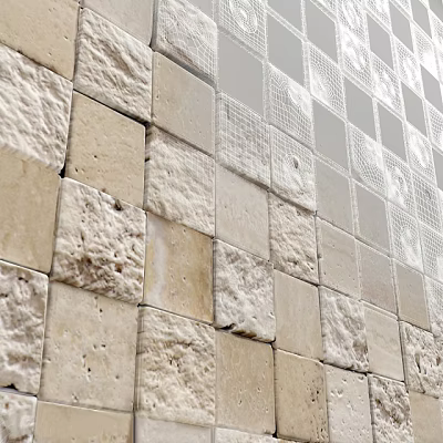 Textured Wall Design With Square Beige Gray Stone Tiles And Mixed Rough Smooth Patterns 3d model