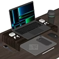 Laptop On Wooden Desk Stand With Mouse Earbuds Smartphone Coffee Cup And Pen