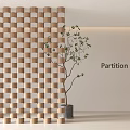 Wooden Partition With Grid Design In Light Colored Interior With Small Tree 3d model