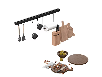 Black Hanging Rail With Cooking Utensils Wooden Knife Block Chopping Boards Olive Bowl And Nuts On 3d model