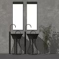 Double Black Mesh Base Washbasins With Two Mirrors And Green Plant By Concrete Wall