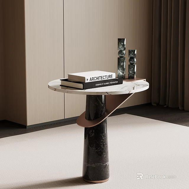 Modern Round Marble Side Table With Architecture Book And Decorative Vases 3d model