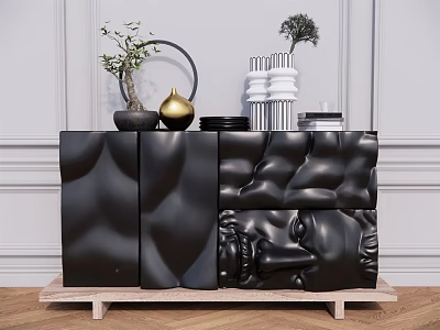 Black Wavy Textured Entryway Cabinet Sideboard With Decorative Plants Gold Ornaments And White Wall 3d model
