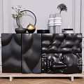 Black Wavy Textured Entryway Cabinet Sideboard With Decorative Plants Gold Ornaments And White Wall