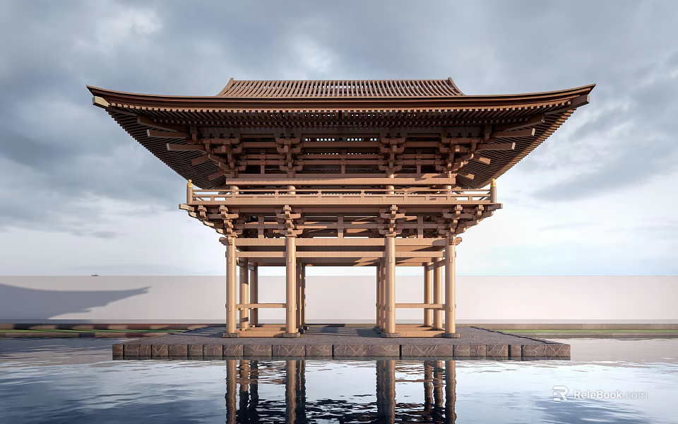 Ancient Architecture Traditional Wooden Structure With Curved Roof And Reflection In Water 3d model 