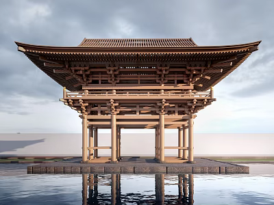 Ancient Architecture Traditional Wooden Structure With Curved Roof And Reflection In Water 3d model