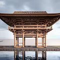 Ancient Architecture Traditional Wooden Structure With Curved Roof And Reflection In Water