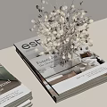 Dried Flowers In Glass Vase With Stacked Design Magazines And Books