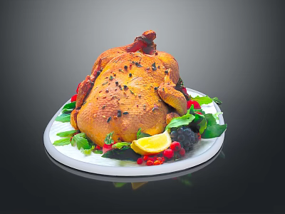 Golden Roast Chicken Plated With Fresh Vegetables Fruits And Herbs 3d model