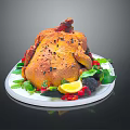 Golden Roast Chicken Plated With Fresh Vegetables Fruits And Herbs