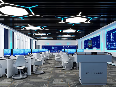 Modern School Tech Classroom With Computers White Chairs Blue Displays And Hexagonal Lights 3d model