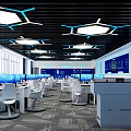 Modern School Tech Classroom With Computers White Chairs Blue Displays And Hexagonal Lights