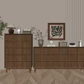 Wooden Entryway Cabinet And Sideboard With Plant Framed Art Table Lamp On Brown Striped Wall
