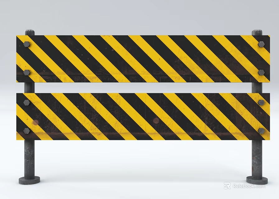 Traffic Barrier With Yellow And Black Diagonal Stripes Metal Frame And Bolts 3d model 