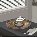 Elegant Glass Teapot Tea Set on Wooden Tray on Dark Table by Window with Blinds