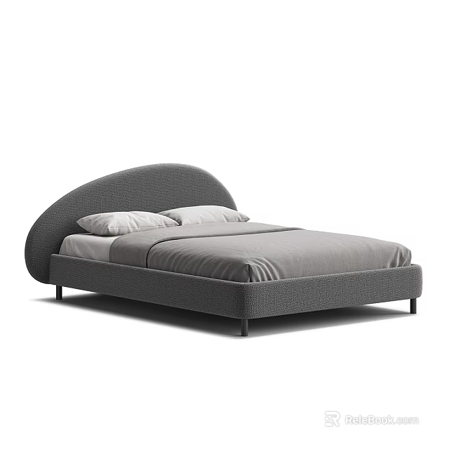 Modern Gray Upholstered Double Bed with Curved Headboard Mattress and White Pillows 3d model 