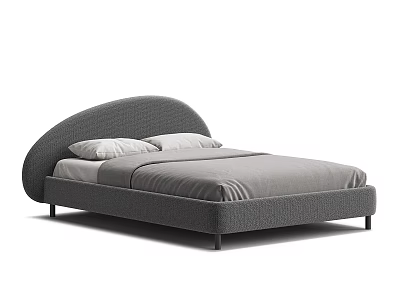 Modern Gray Upholstered Double Bed with Curved Headboard Mattress and White Pillows 3d model