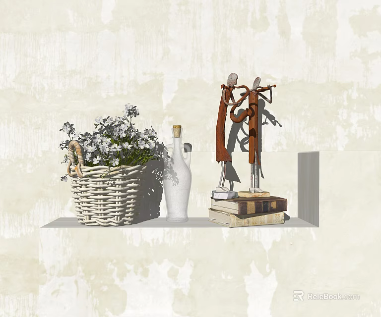 Stylish Decorative Ornaments Set with Wicker Basket White Flowers Bottle Books and Figurine on Shelf 3d model 