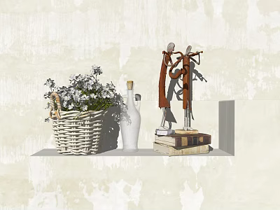 Stylish Decorative Ornaments Set with Wicker Basket White Flowers Bottle Books and Figurine on Shelf 3d model
