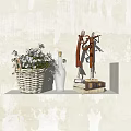 Stylish Decorative Ornaments Set with Wicker Basket White Flowers Bottle Books and Figurine on Shelf
