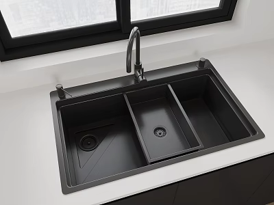 Black Double Bowl Kitchen Sink With Faucet On White Countertop Near Window 3d model