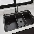 Black Double Bowl Kitchen Sink With Faucet On White Countertop Near Window