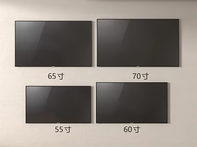Different Size Televisions 55 60 65 and 70 Inch Models on Wall 3d model