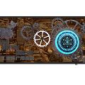 Industrial Heritage Museum Background Wall With Metallic Gears And Blue Lighting