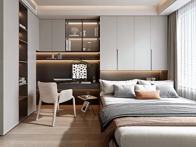 Modern Tatami Bedroom Interior With Built In Cabinets Desk Chair And Window Decor 3d model