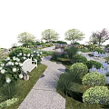 Courtyard Garden Design With Stone Path White Bench Lush Shrubs Flowering Trees And Colorful Blooms