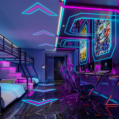 Neon Lit Purple Tone Hotel Room With Bunk Bed Gaming Chairs And Computers 3d model