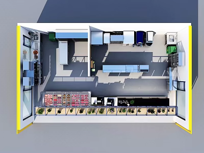Bird's Eye View Of Modern Retail Store Interior With Display Shelves And Counter Layout Design 3d model