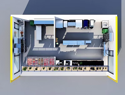 Bird's Eye View Of Modern Retail Store Interior With Display Shelves And Counter Layout Design 3d model