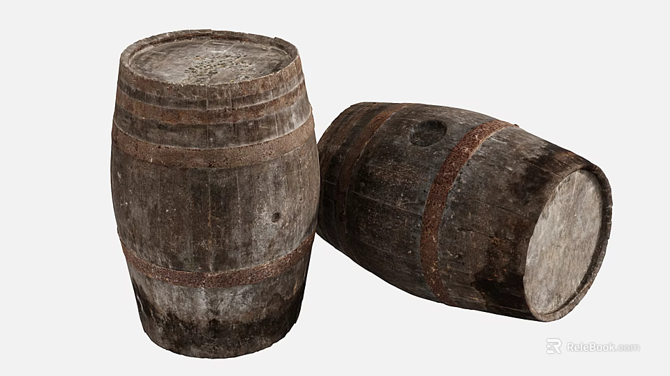 Two Vintage Wooden Barrels With Rustic Texture And Metal Hoops For Home Decor 3d model 