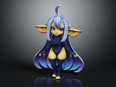 3D Fantasy Creature Character With Blue Long Hair Large Yellow Ears And Purple Eyes 3d model