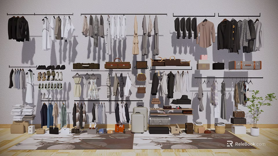 Stylish Clothes Store Display With Hanging Racks Bags Shoes And Accessories 3d model 