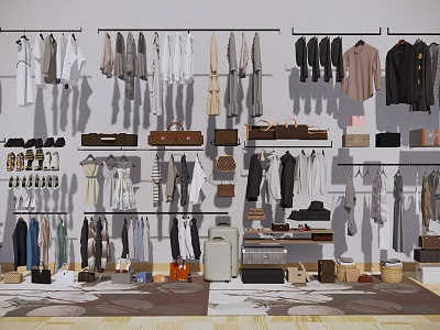 Stylish Clothes Store Display With Hanging Racks Bags Shoes And Accessories 3d model