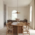 Elegant Dining Living Room Interior With Wooden Table Sofa Pendant Light And Large Windows