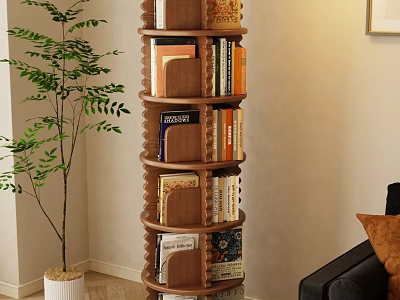 Cozy Rotating Wooden Bookshelf Interior With Green Plant Sofa And Throw Pillow 3d model