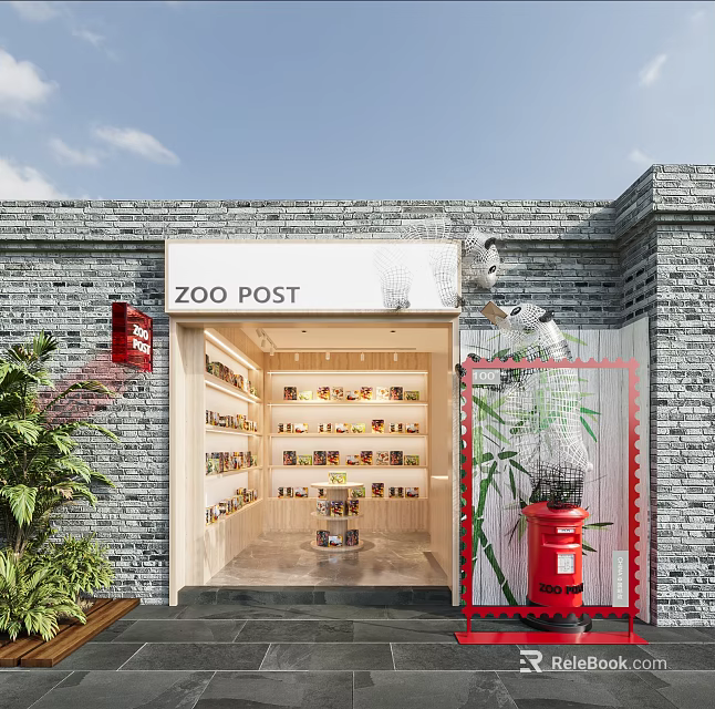 ZOO POST Storefront With Brick Wall Red Postbox Bamboo Decor And Shelves Displaying Goods 3d model 