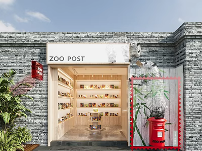 ZOO POST Storefront With Brick Wall Red Postbox Bamboo Decor And Shelves Displaying Goods 3d model