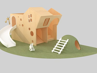 Outdoor Wooden Children Play Equipment with Slide Playhouse Ladder and Green Grass Area 3d model