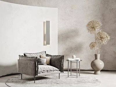 Minimalist Single Sofa With Cushions Small Side Table And Pampas Grass Vase On Rug 3d model