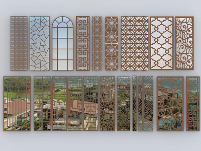 Stylish Casement Windows With Various Intricate Laser Cut Patterns Grilles And Clear Glass Panels 3d model